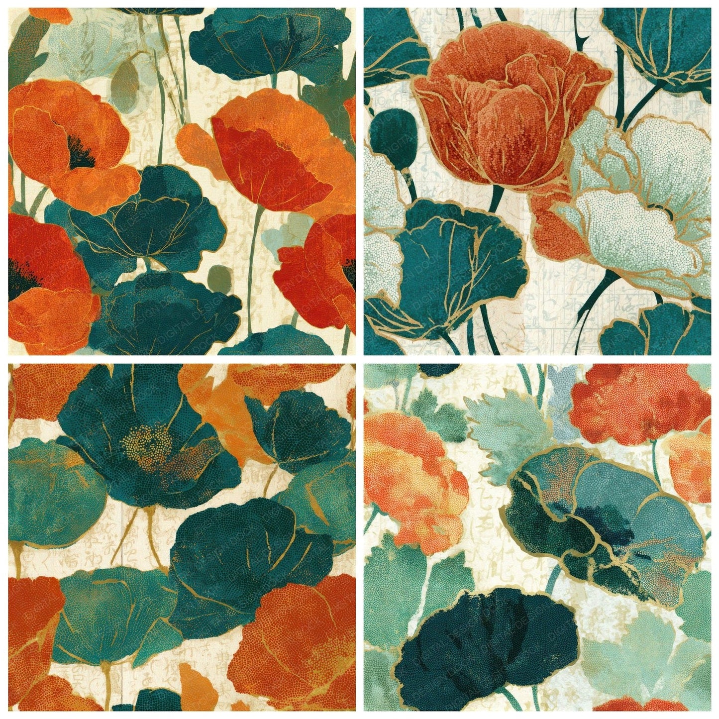 Pointillism Poppies Papaya Jade Seamless Digital Paper Pack (DDD013198)