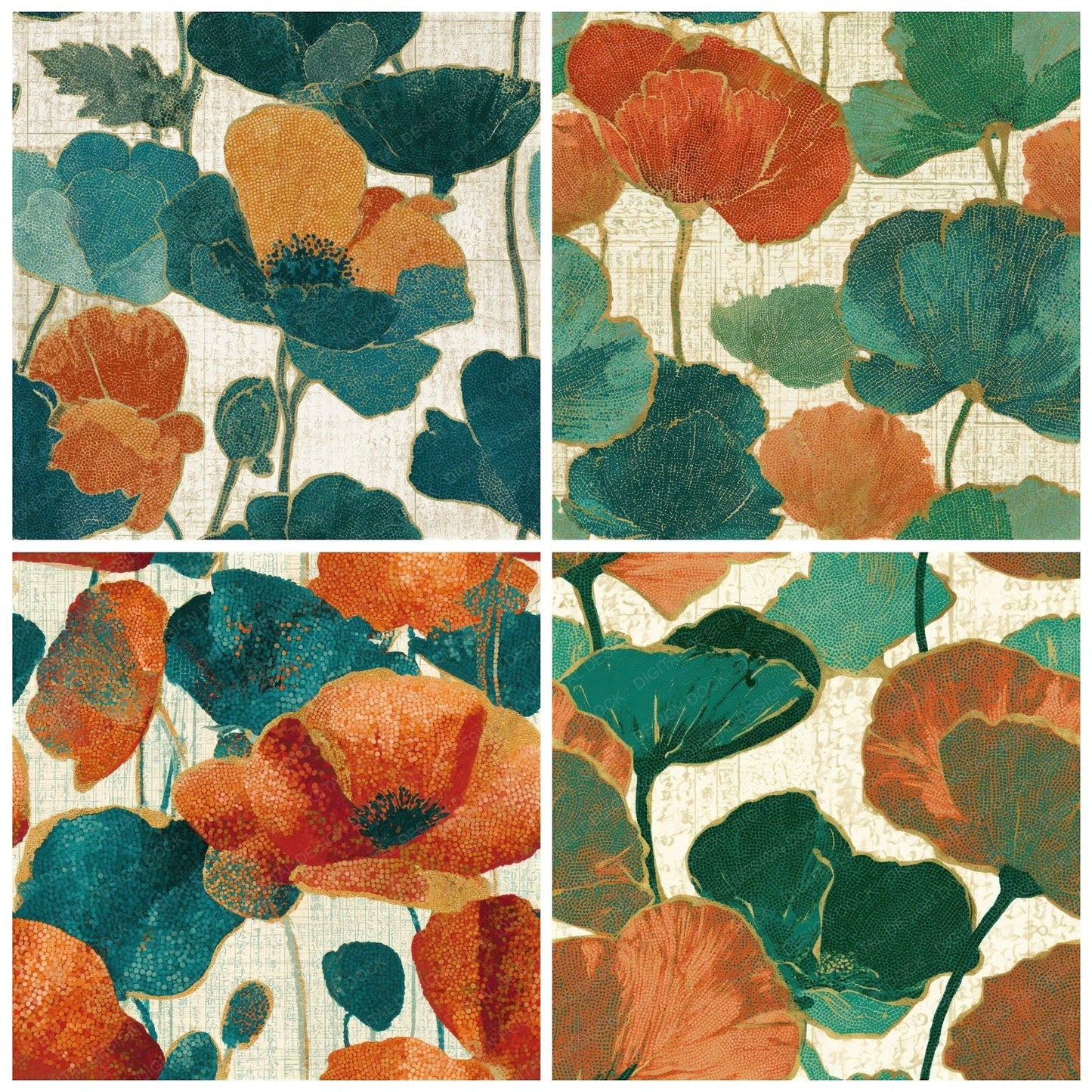 Pointillism Poppies Papaya Jade Seamless Digital Paper Pack (DDD013198)