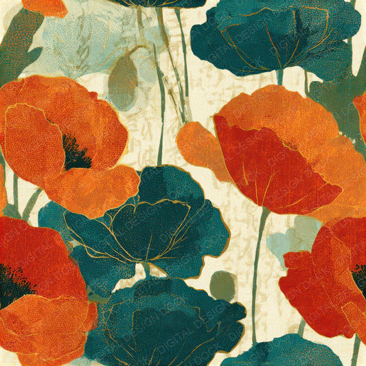 Pointillism Poppies Papaya Jade Seamless Digital Paper Pack (DDD013198)