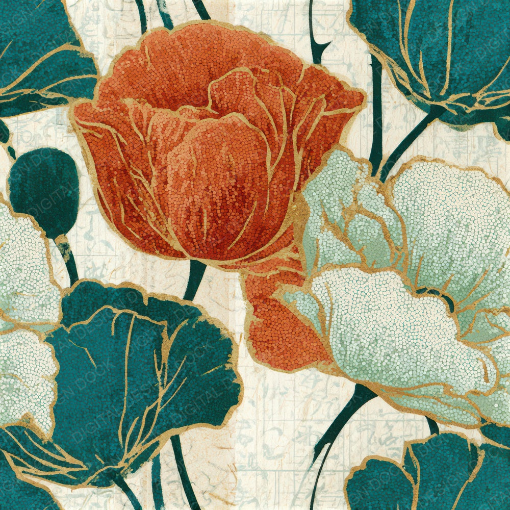 Pointillism Poppies Papaya Jade Seamless Digital Paper Pack (DDD013198)