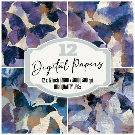 Sumi-e Luna Moths Periwinkle Plum Digital Paper Pack (DDD013201)