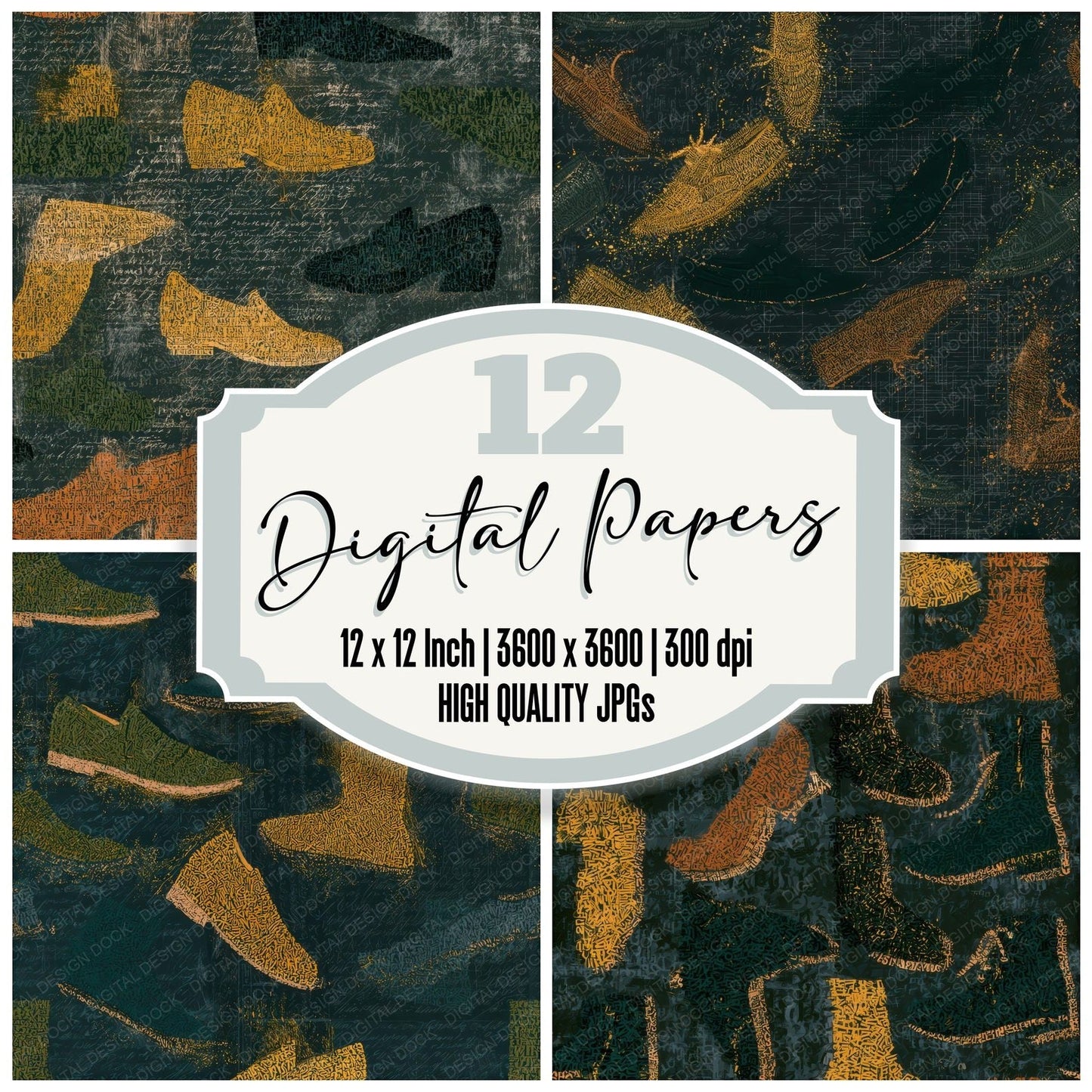 Typographic Tiny Shoes Forest Saffron Seamless Digital Paper Pack (DDD013202)