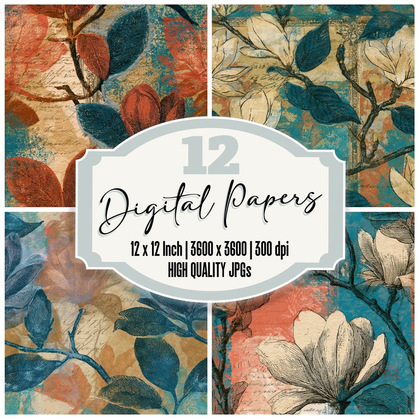 Victorian Magnolia Coral Turquoise Seamless Digital Paper Pack (DDD013203)