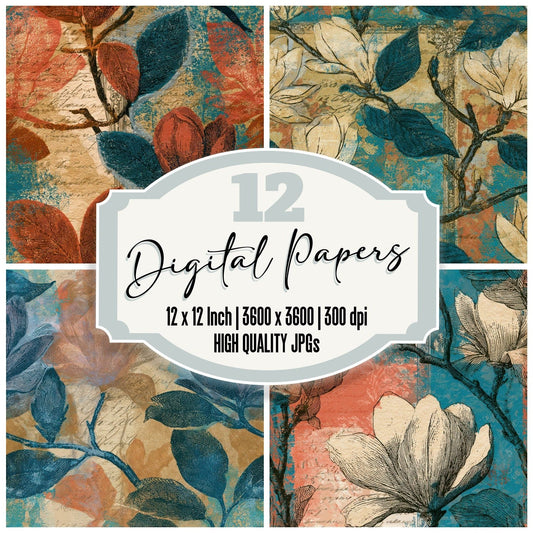 Victorian Magnolia Coral Turquoise Seamless Digital Paper Pack (DDD013203)