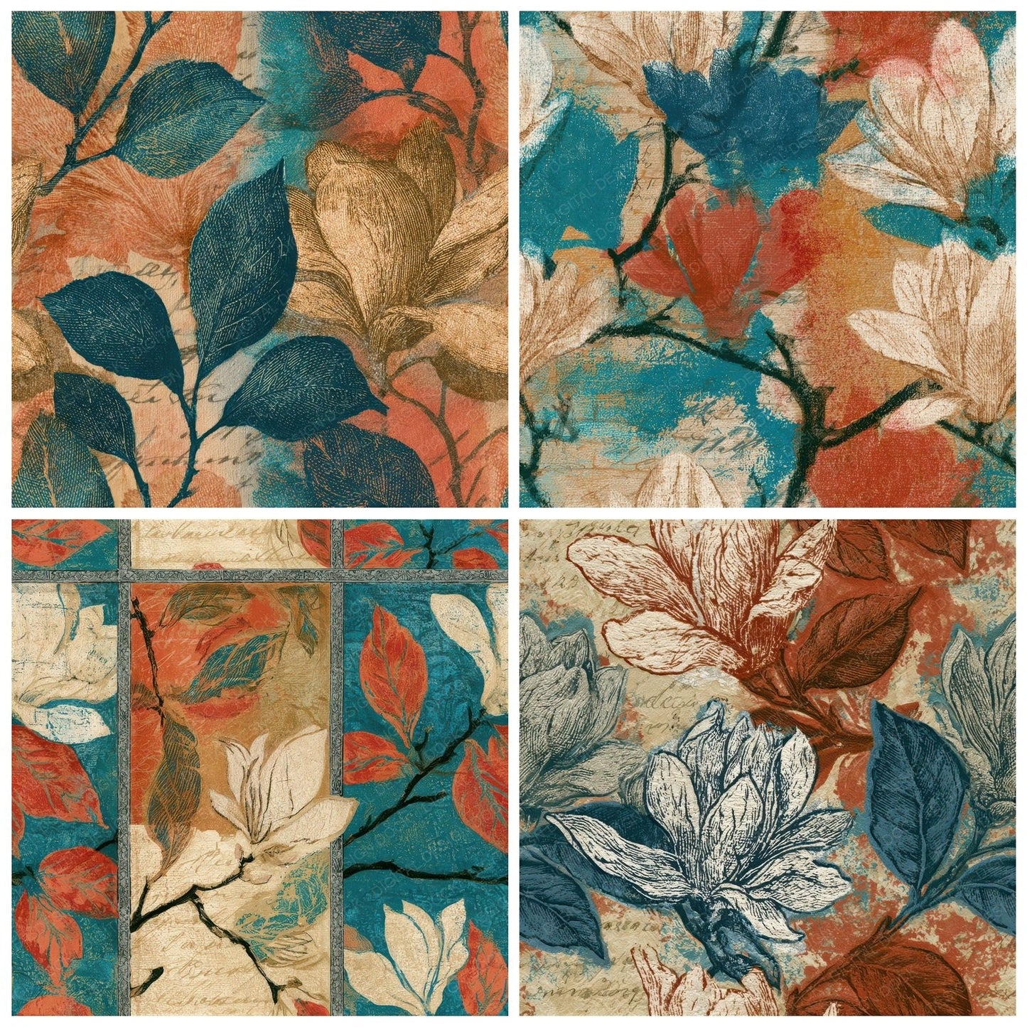 Victorian Magnolia Coral Turquoise Seamless Digital Paper Pack (DDD013203)