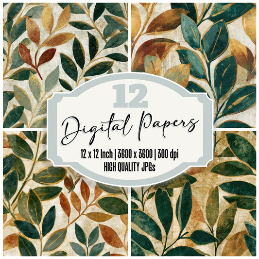 Bohemian Olive Branches Gold Seamless Digital Paper Pack (DDD013209)