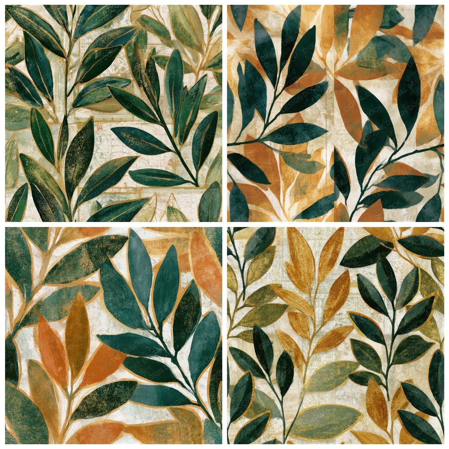 Bohemian Olive Branches Gold Seamless Digital Paper Pack (DDD013209)