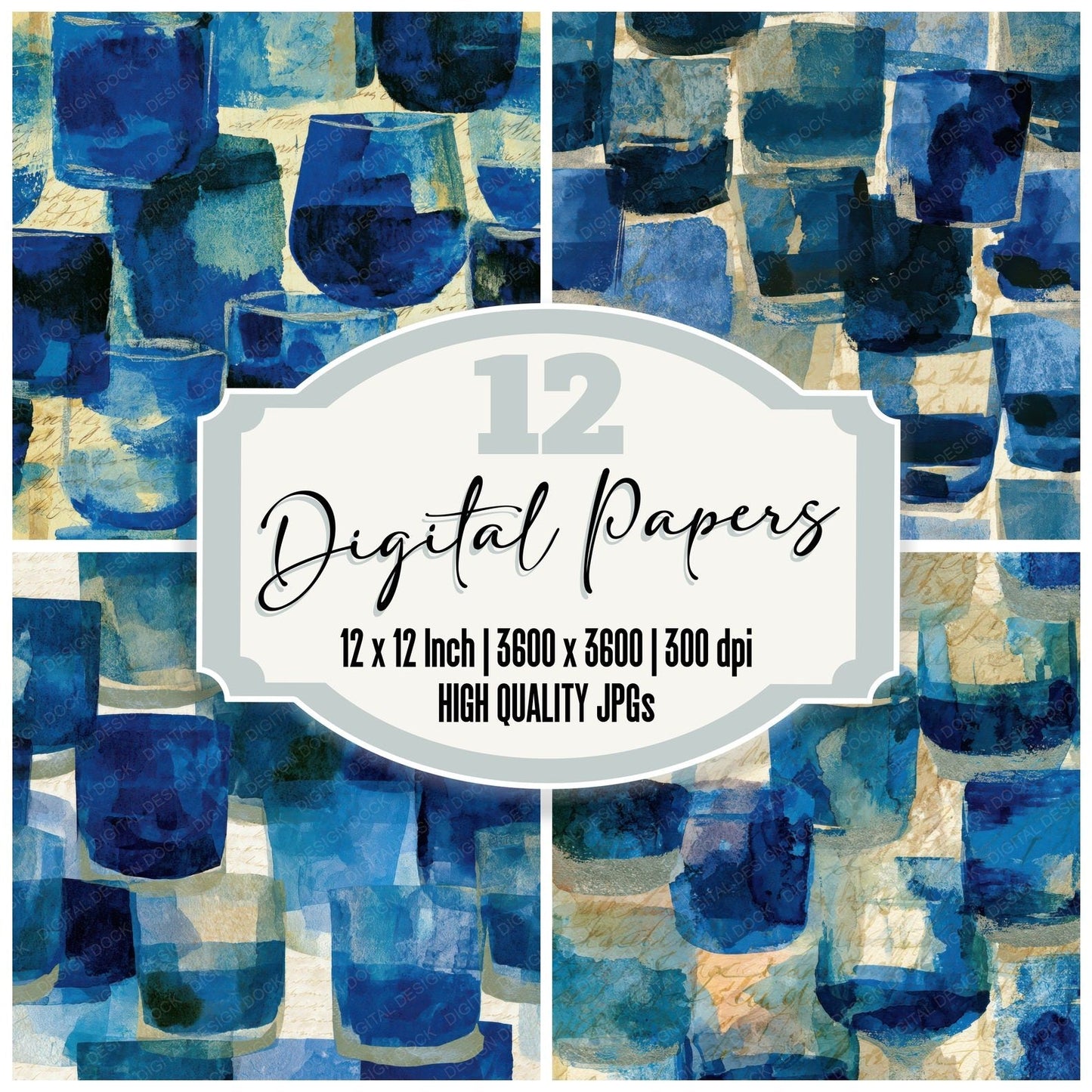 Ink Wash Whiskey Tumblers Denim Digital Paper Pack (DDD013217)