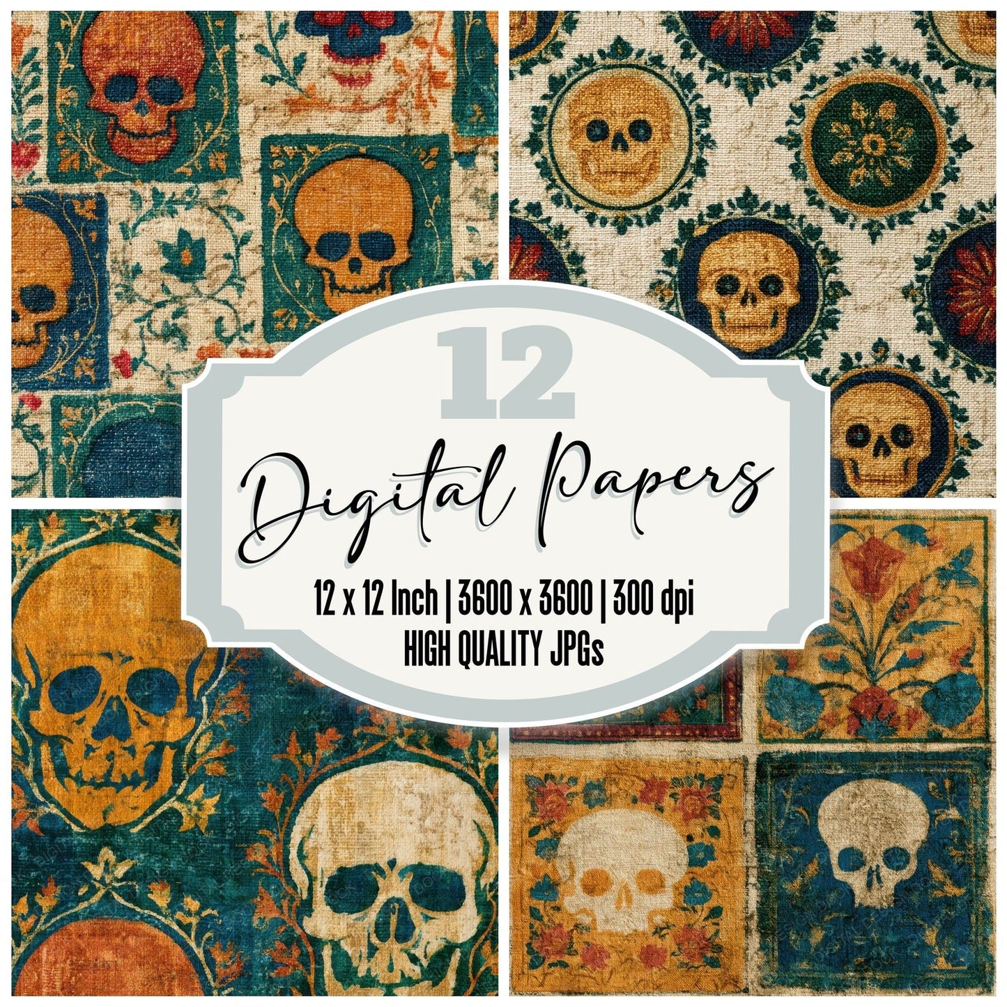 Mughal Skulls Amber Forest Green Digital Paper Pack (DDD013218)