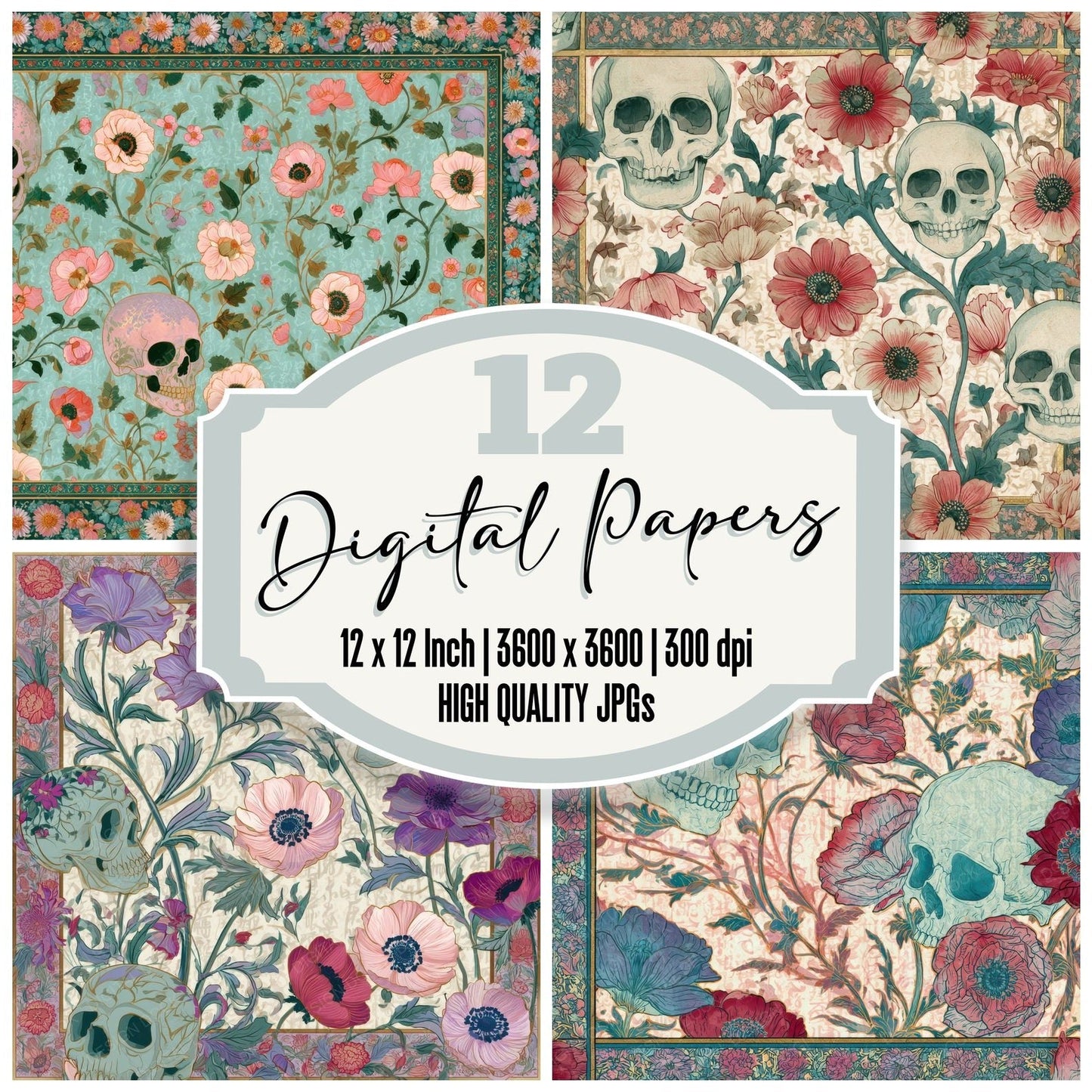 Mughal Skulls Anemones Blush Mint Digital Paper Pack (DDD013219)