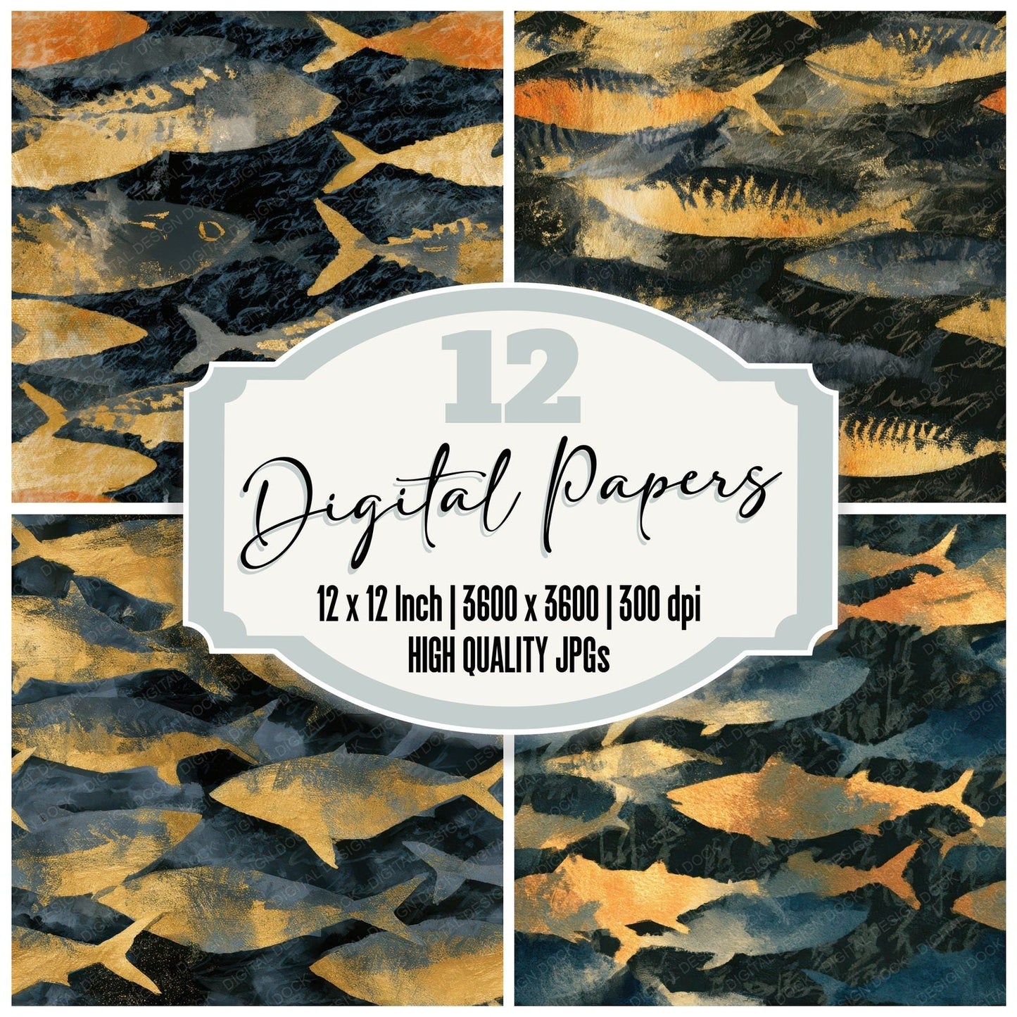 Sumi-e Mackerel Charcoal Gold Seamless Digital Paper Pack (DDD013220)