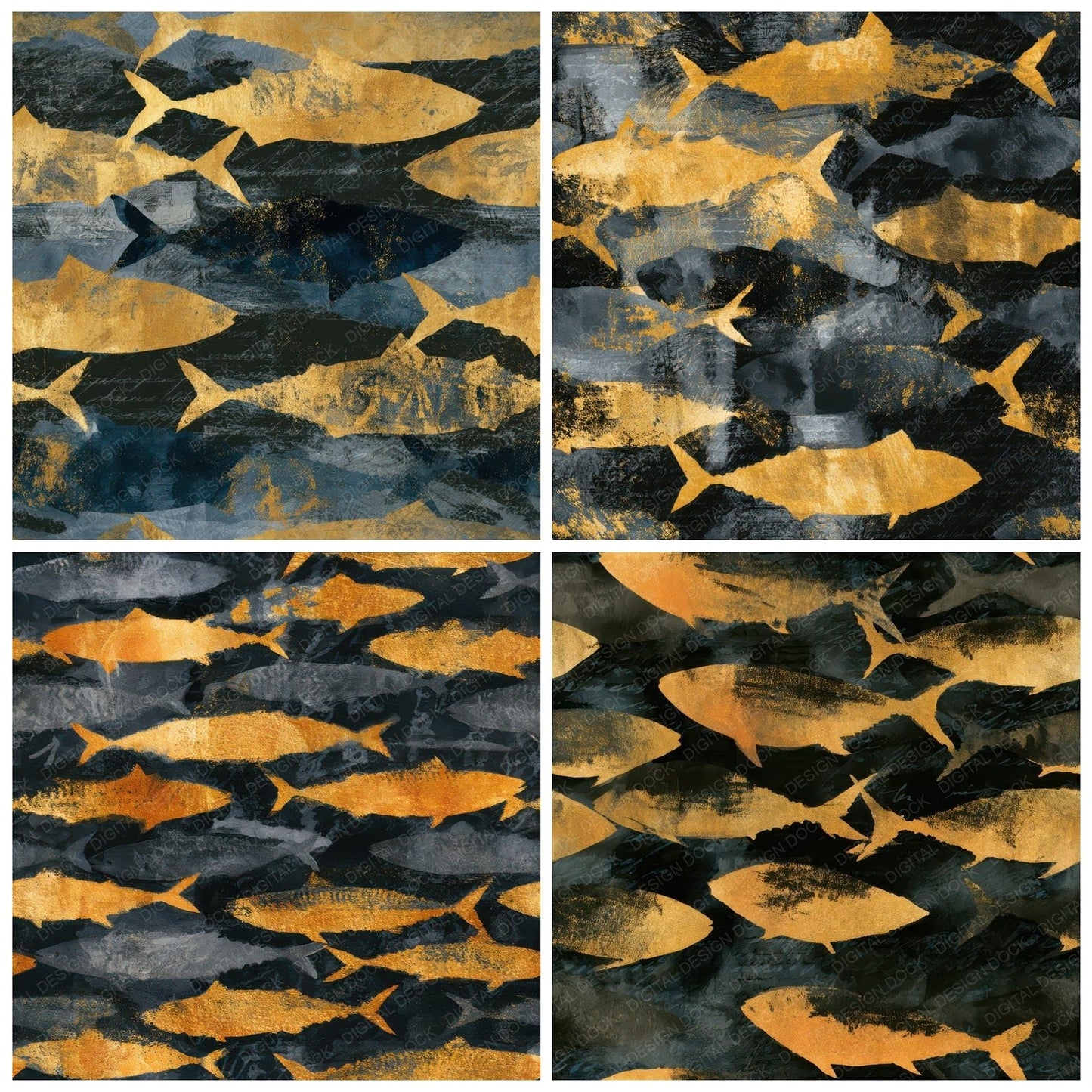 Sumi-e Mackerel Charcoal Gold Seamless Digital Paper Pack (DDD013220)