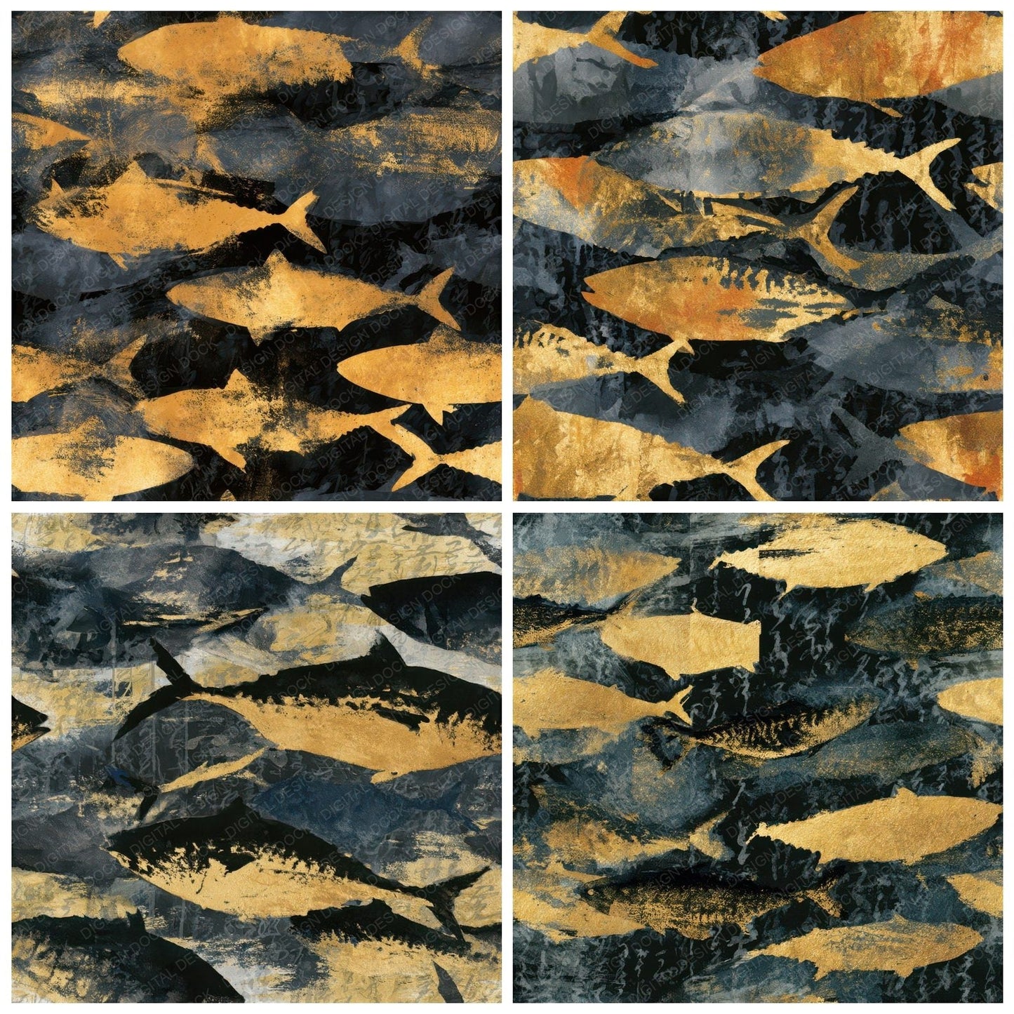 Sumi-e Mackerel Charcoal Gold Seamless Digital Paper Pack (DDD013220)