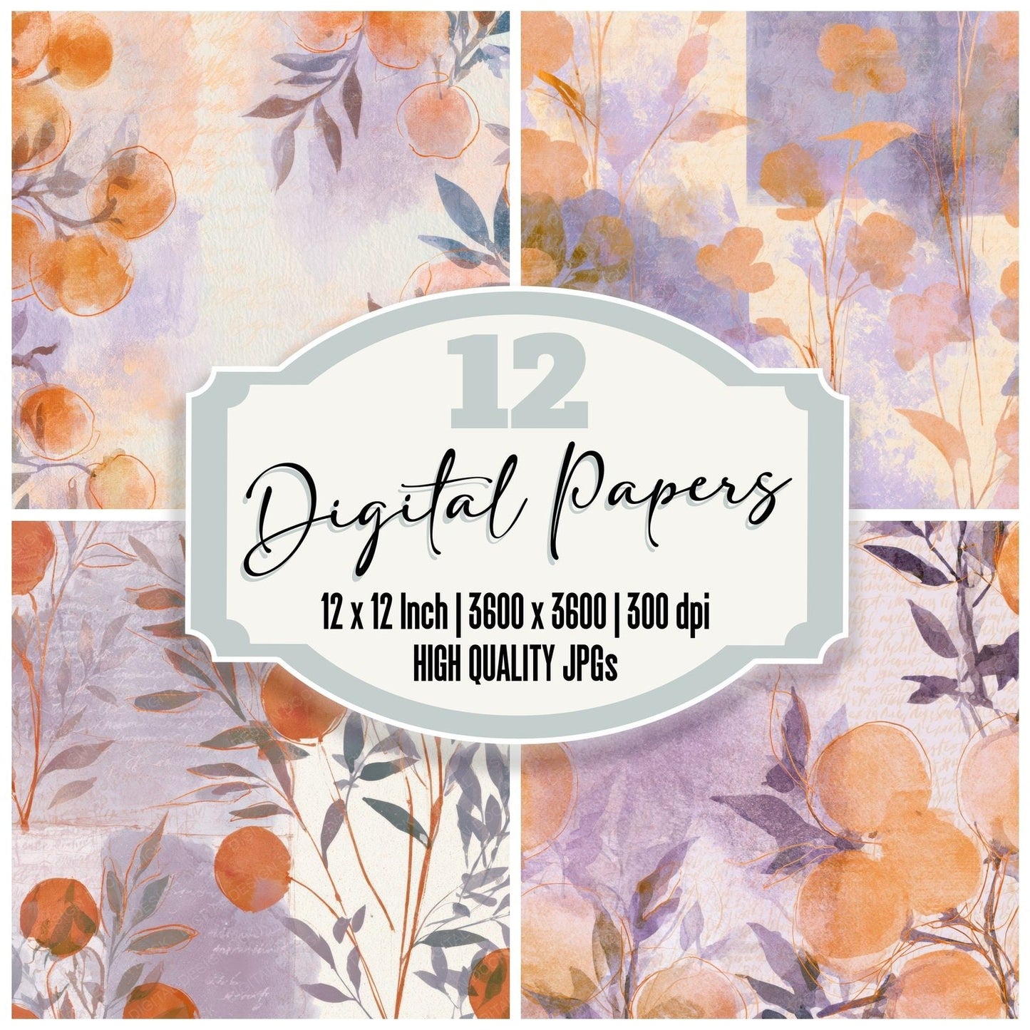 Watercolour Apricots Lavender Cream Digital Paper Pack (DDD013222)