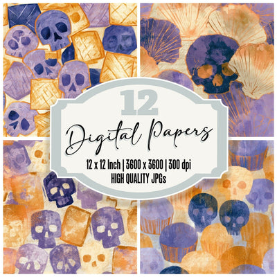 Watercolour Skulls Pastries Lavender Seamless Digital Paper Pack (DDD013223)