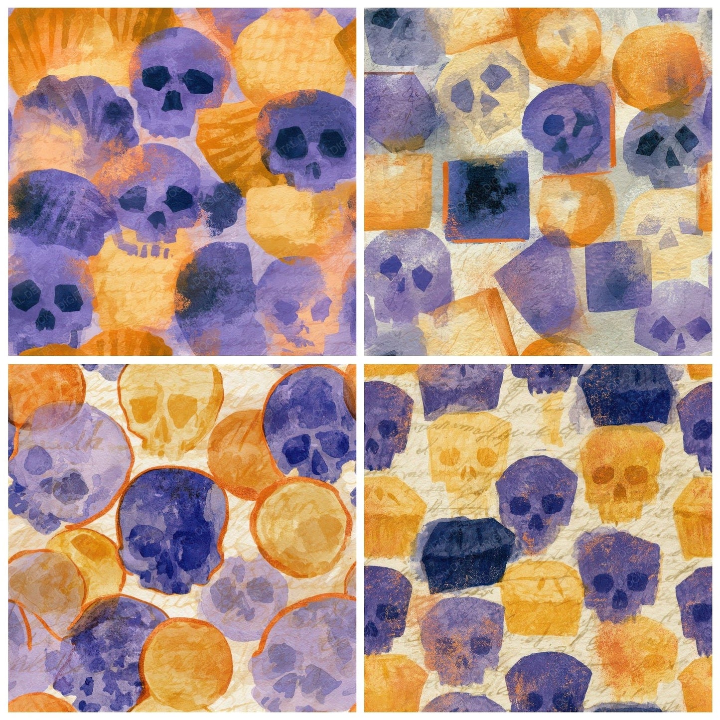 Watercolour Skulls Pastries Lavender Seamless Digital Paper Pack (DDD013223)