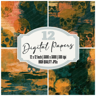 Woodcut Skulls Amber Forest Green Digital Paper Pack (DDD013224)