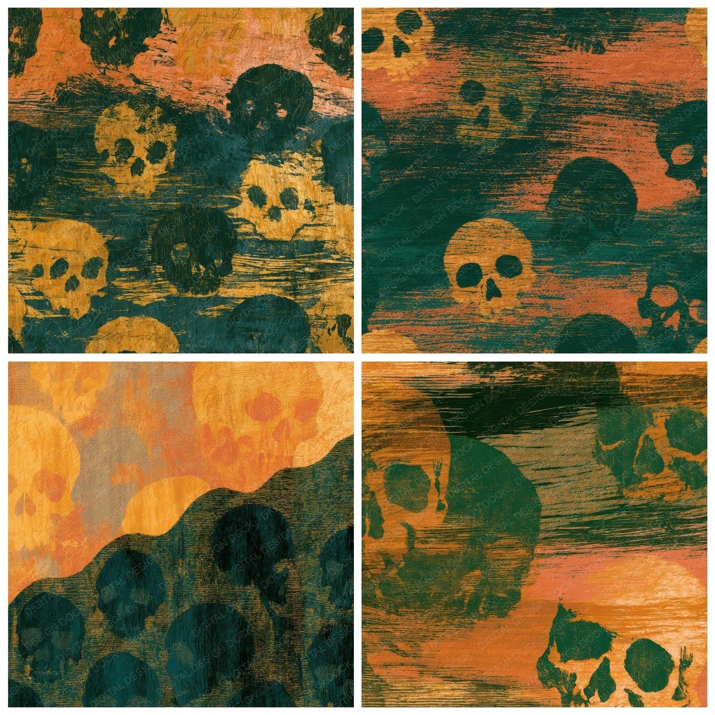 Woodcut Skulls Amber Forest Green Digital Paper Pack (DDD013224)