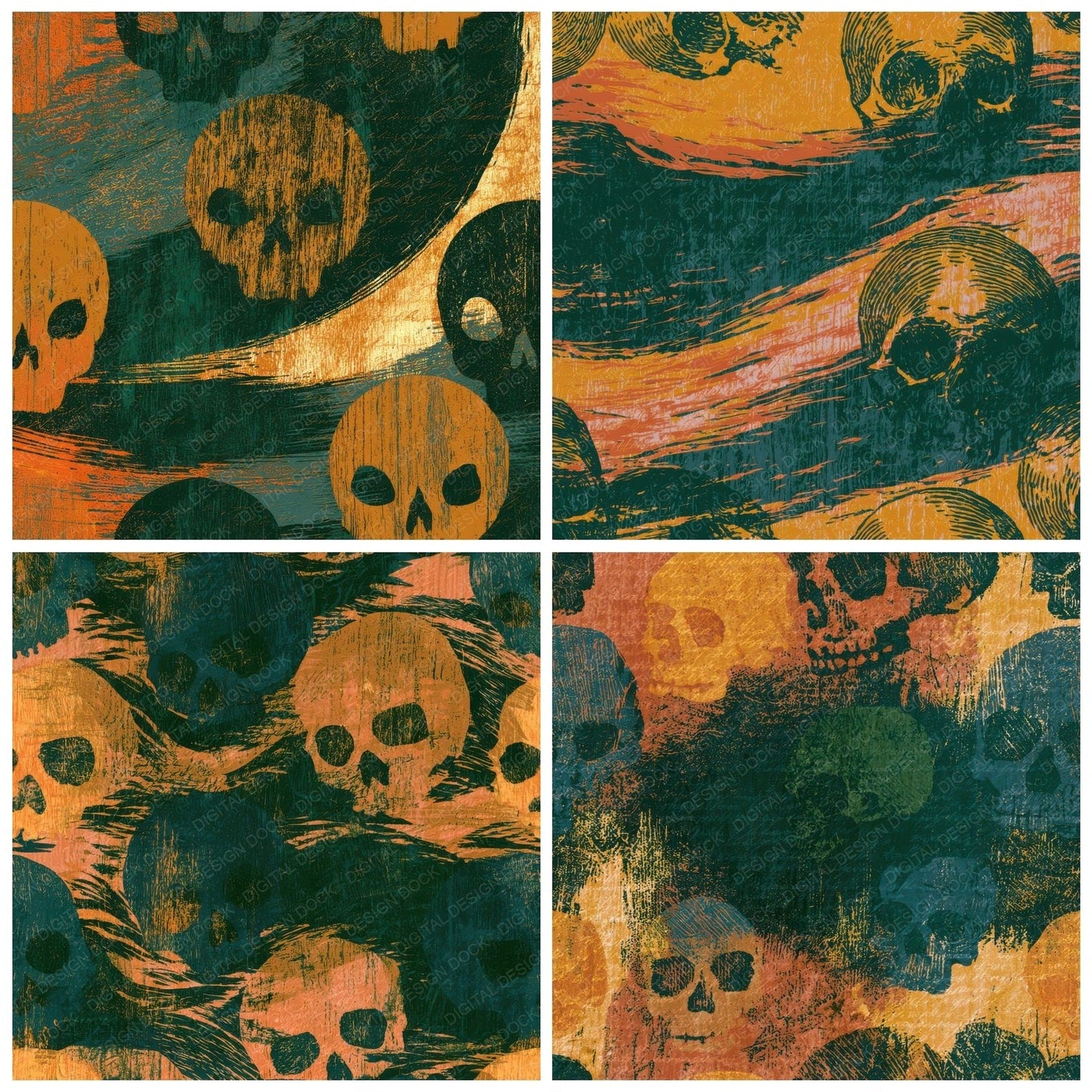 Woodcut Skulls Amber Forest Green Digital Paper Pack (DDD013224)