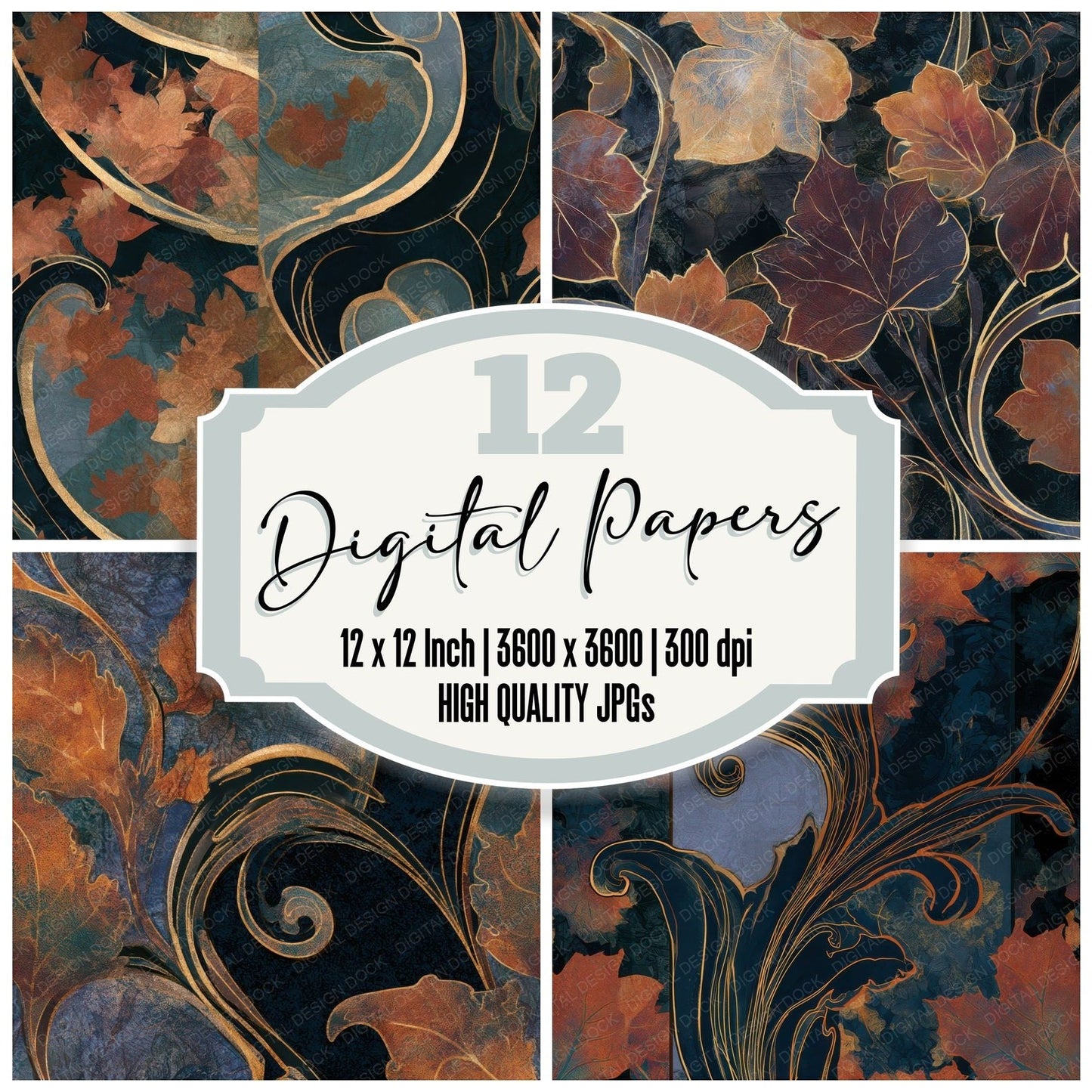 Art Nouveau Autumn Leaves Copper Seamless Digital Paper Pack (DDD013226)