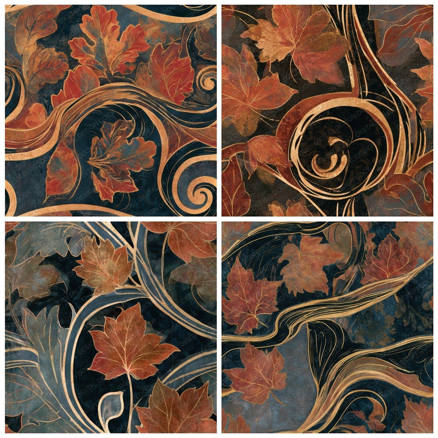 Art Nouveau Autumn Leaves Copper Seamless Digital Paper Pack (DDD013226)