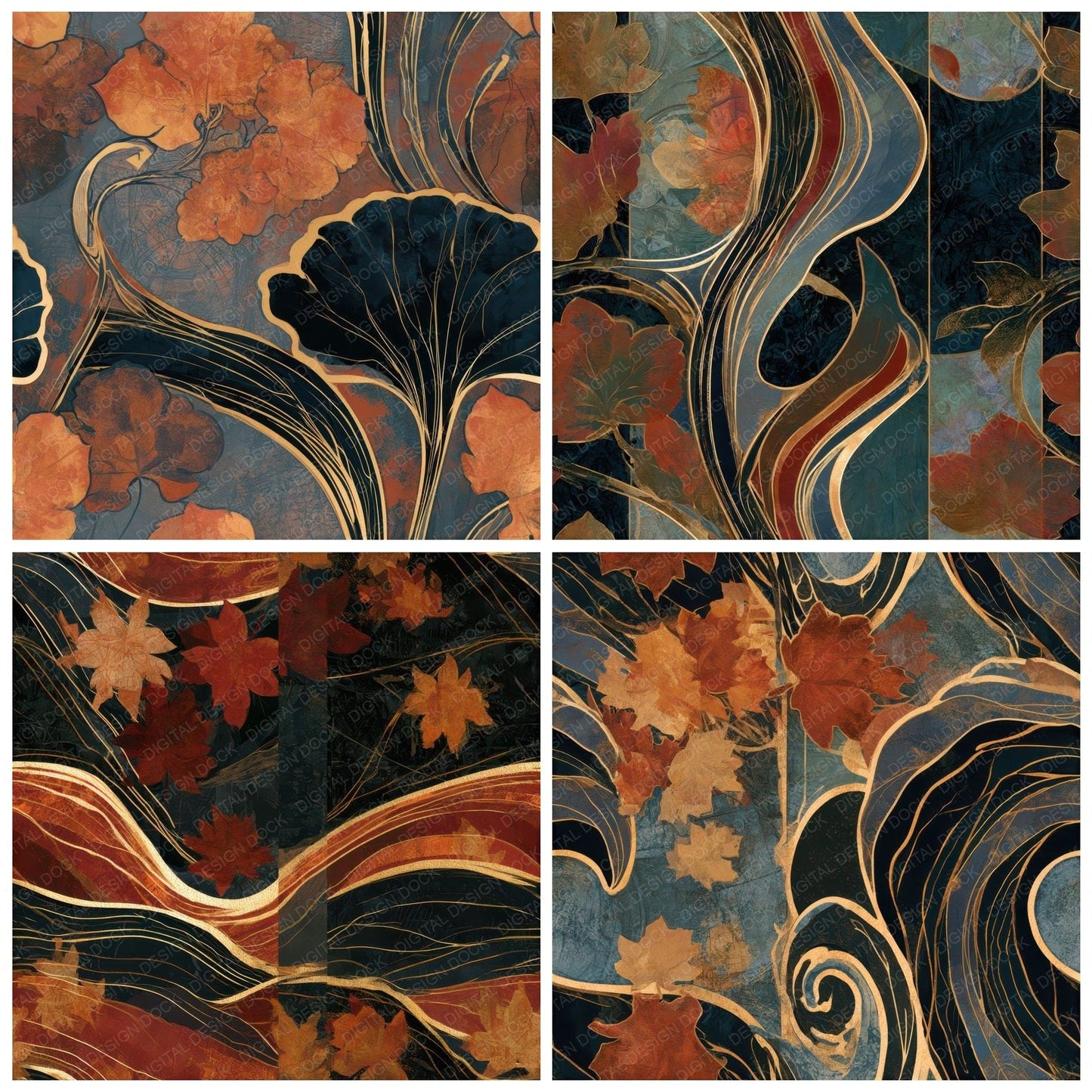 Art Nouveau Autumn Leaves Copper Seamless Digital Paper Pack (DDD013226)
