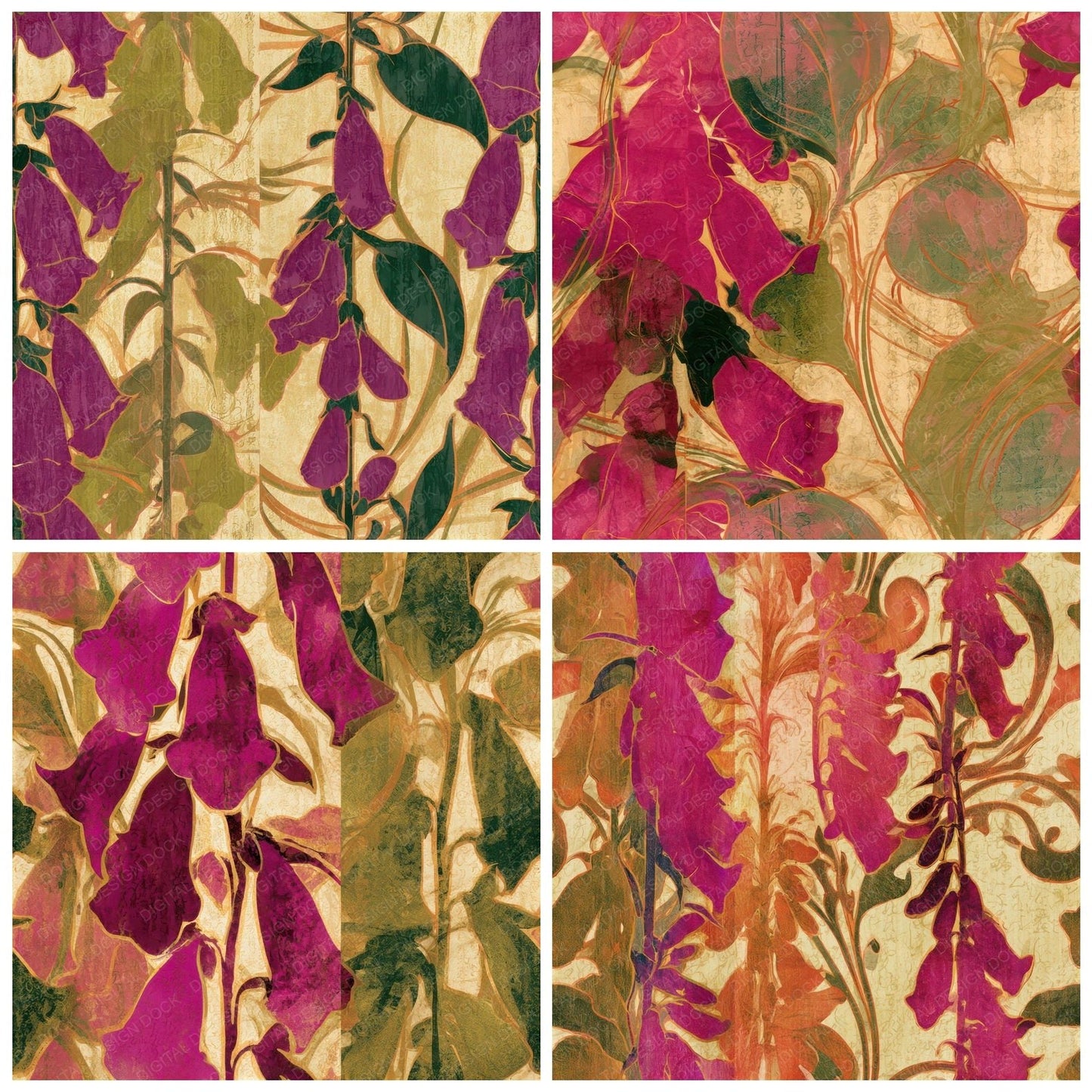 Art Nouveau Foxglove Fuchsia Lime Seamless Digital Paper Pack (DDD013227)