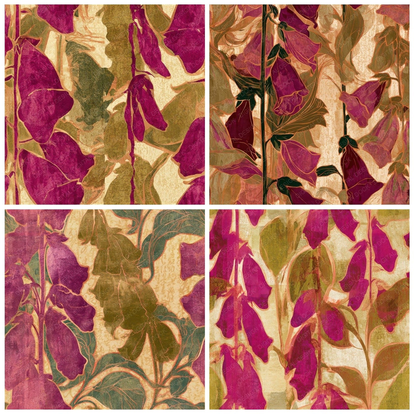 Art Nouveau Foxglove Fuchsia Lime Seamless Digital Paper Pack (DDD013227)