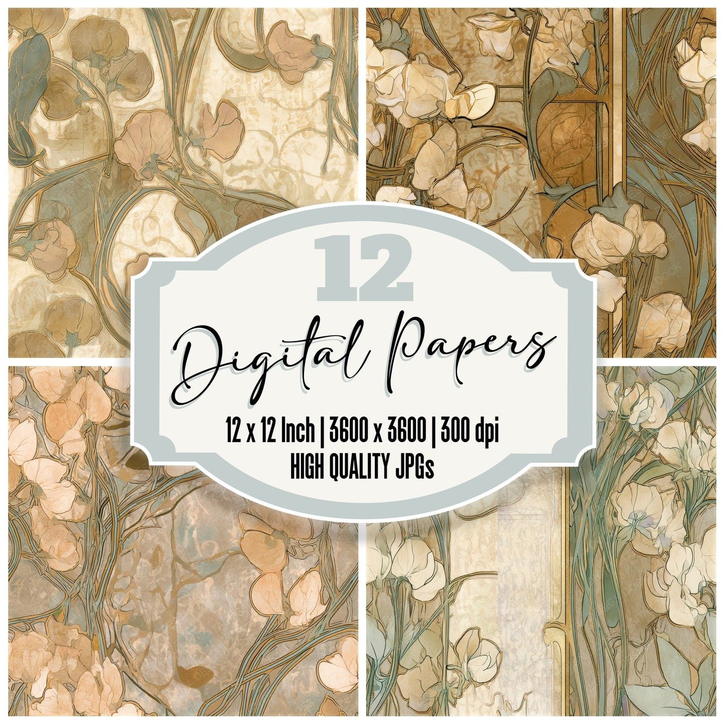 Art Nouveau Sweet Pea Sepia Seamless Digital Paper Pack (DDD013228)