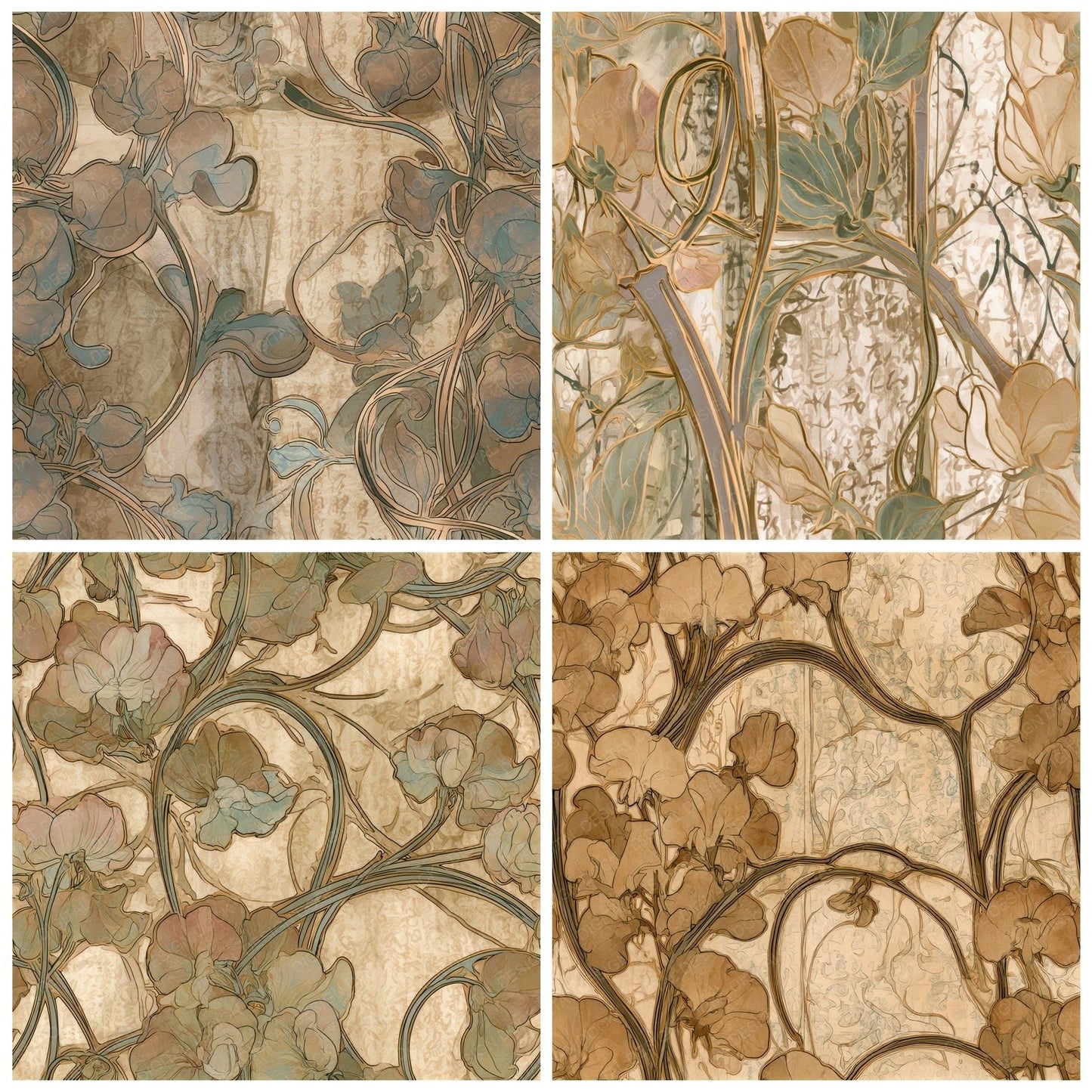 Art Nouveau Sweet Pea Sepia Seamless Digital Paper Pack (DDD013228)