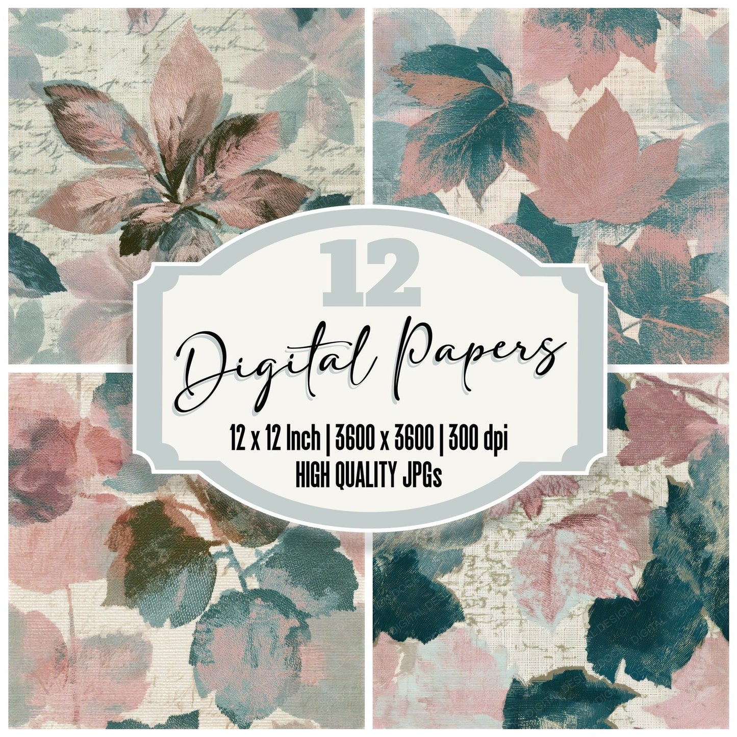 Embroidery Autumn Leaves Powder Pink Seafoam Seamless Digital Paper Pack (DDD013230)