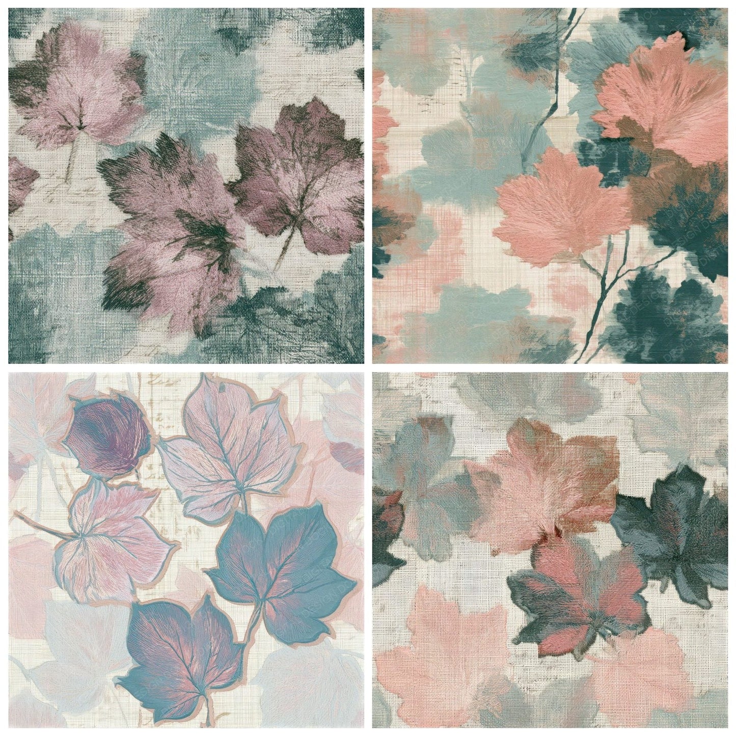 Embroidery Autumn Leaves Powder Pink Seafoam Seamless Digital Paper Pack (DDD013230)