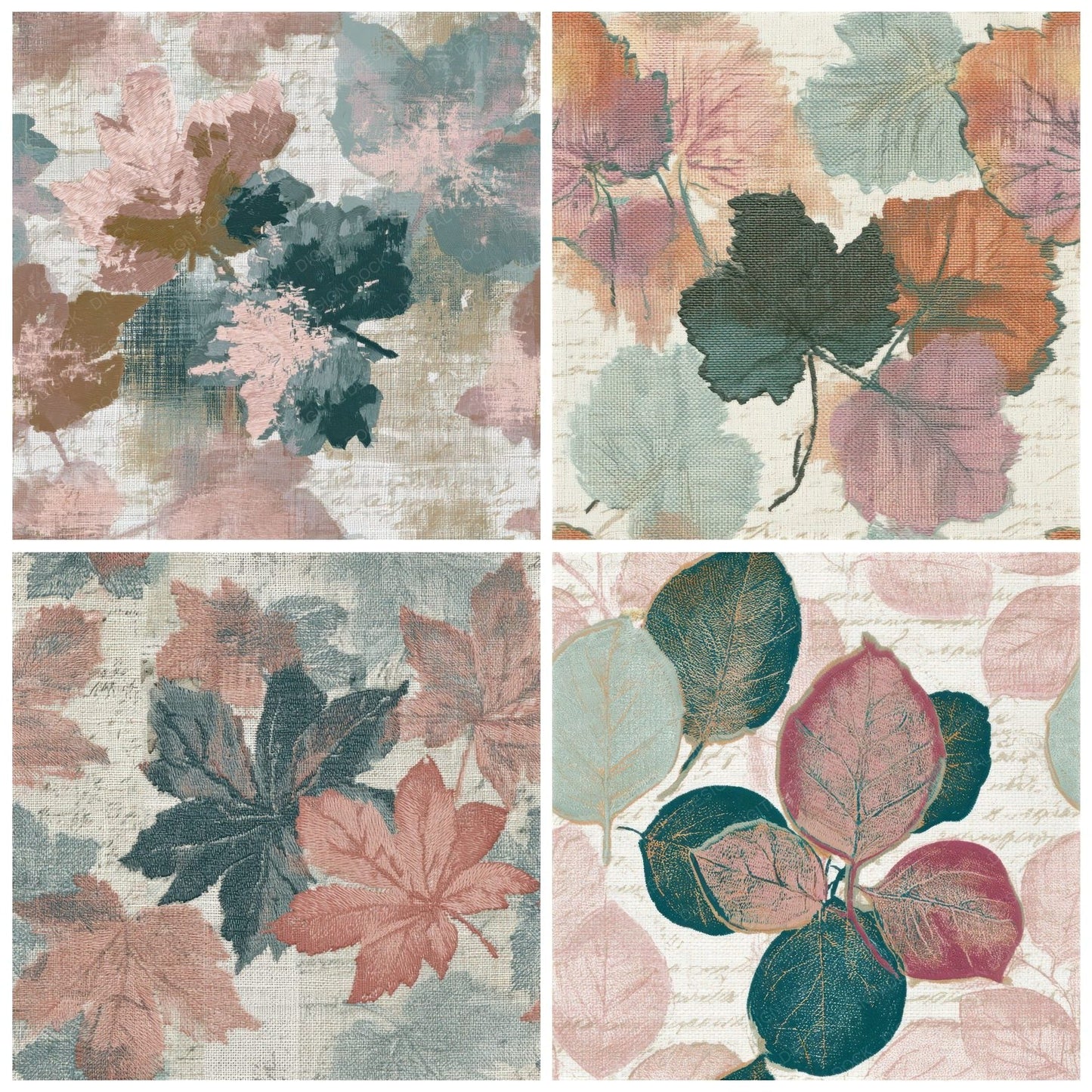 Embroidery Autumn Leaves Powder Pink Seafoam Seamless Digital Paper Pack (DDD013230)