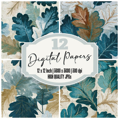 Embroidery Oak Leaves Seafoam Seamless Digital Paper Pack (DDD013231)