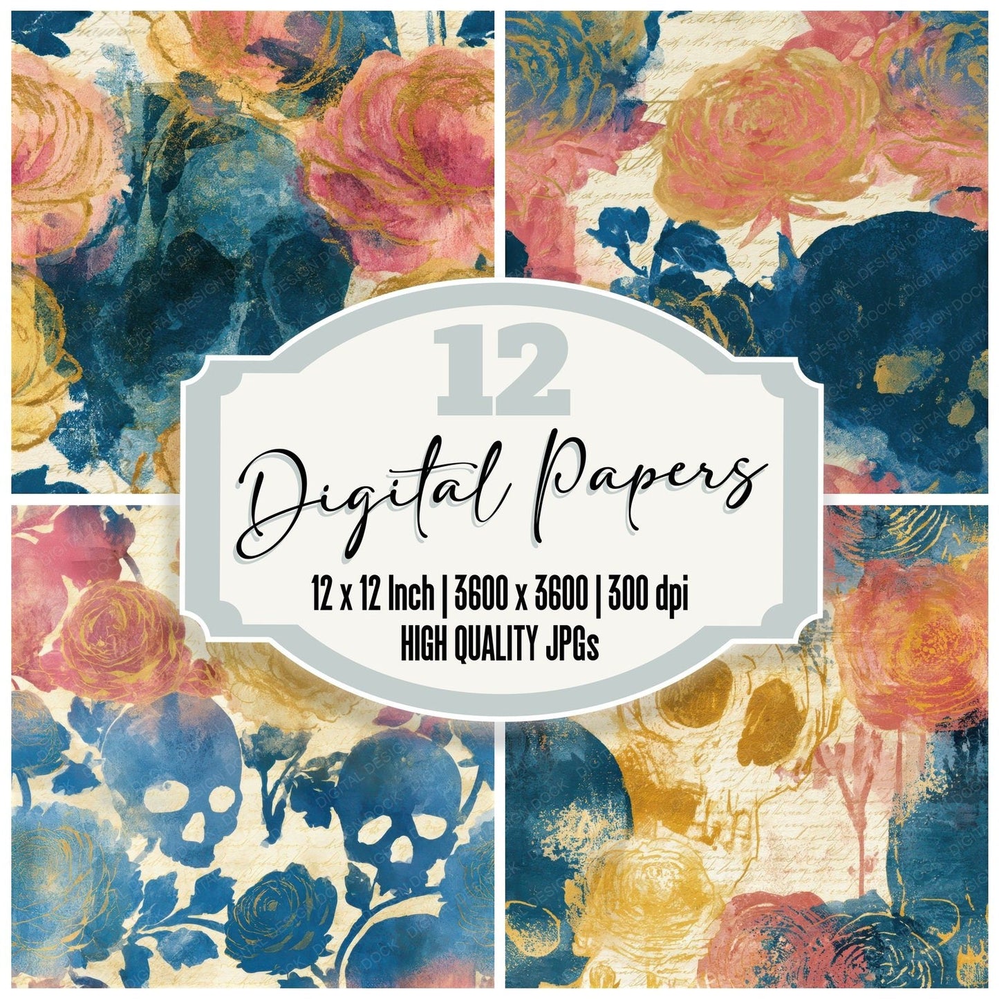 Ink Wash Skulls Ranunculus Ivory Seamless Digital Paper Pack (DDD013233)