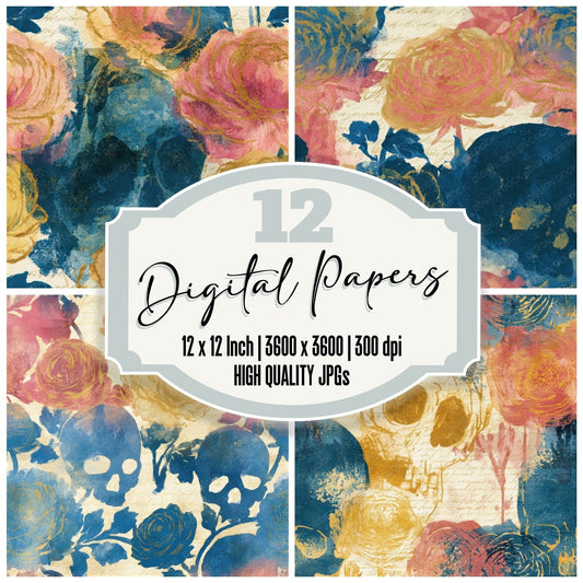 Ink Wash Skulls Ranunculus Ivory Seamless Digital Paper Pack (DDD013233)