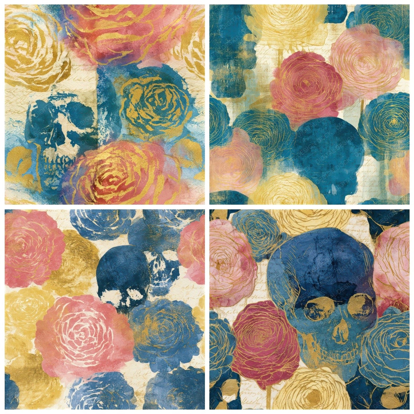 Ink Wash Skulls Ranunculus Ivory Seamless Digital Paper Pack (DDD013233)