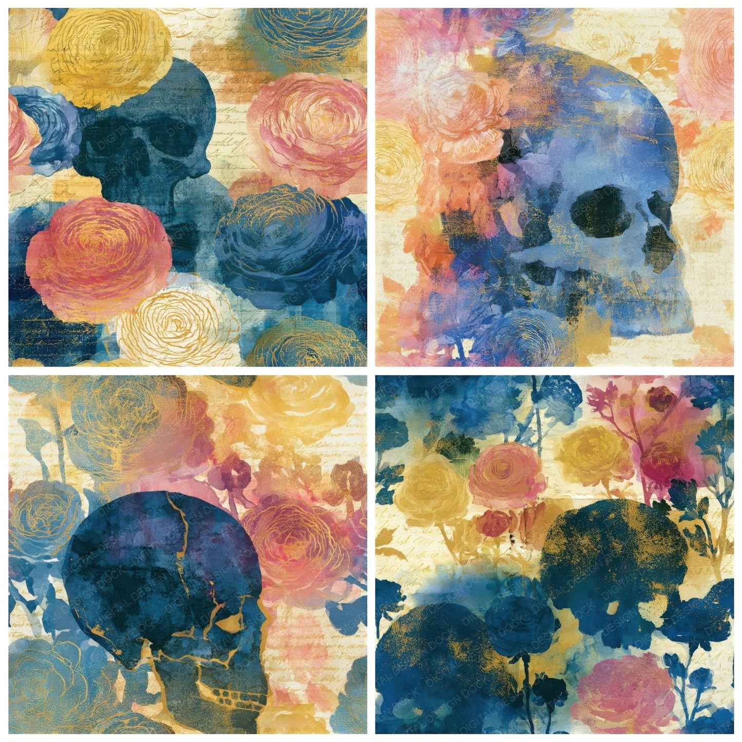 Ink Wash Skulls Ranunculus Ivory Seamless Digital Paper Pack (DDD013233)