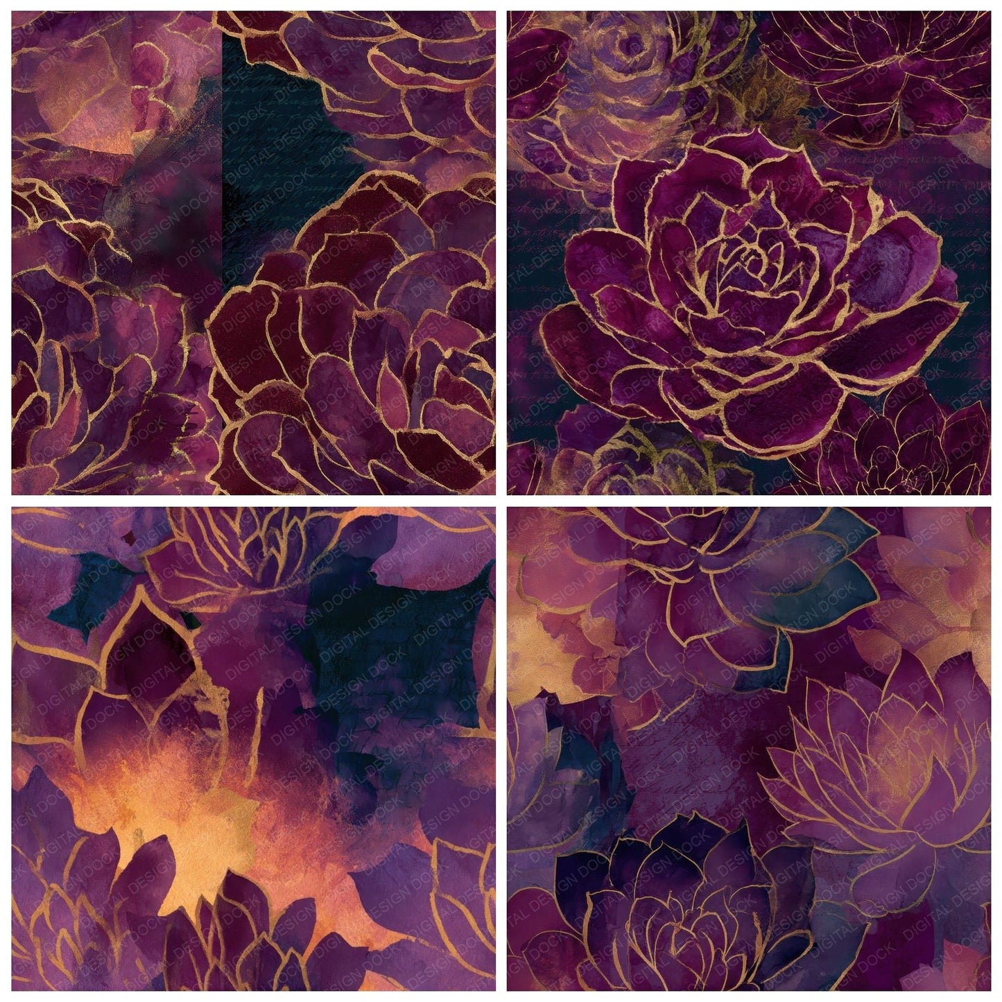 Ink Wash Succulents Aubergine Seamless Digital Paper Pack (DDD013234)