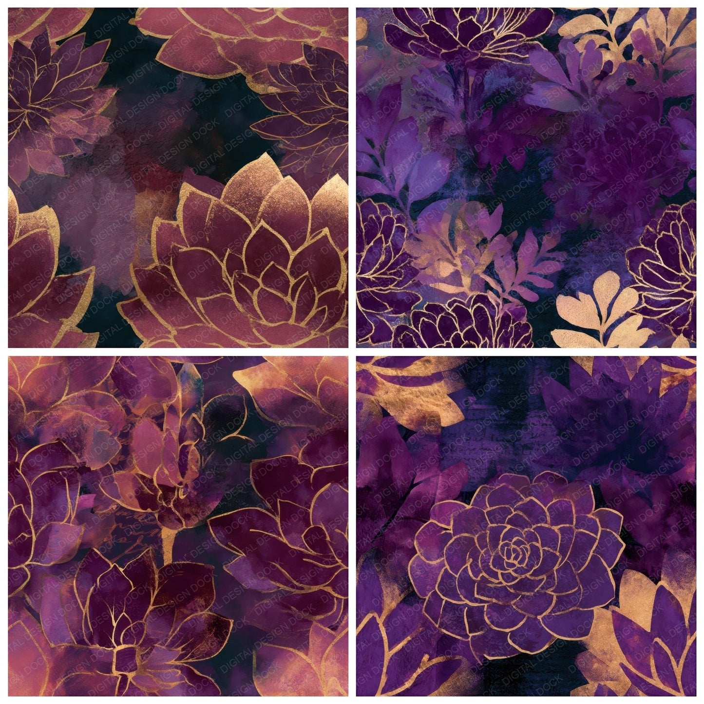 Ink Wash Succulents Aubergine Seamless Digital Paper Pack (DDD013234)
