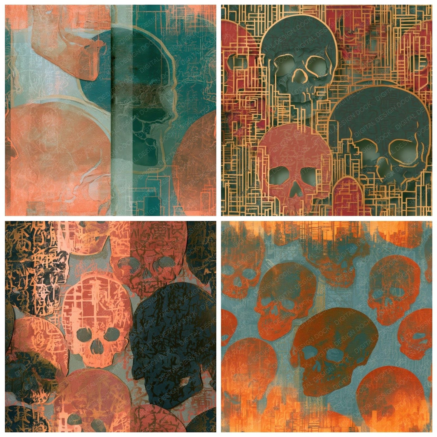 Papercut Skulls Neon Terracotta Seamless Digital Paper Pack (DDD013238)