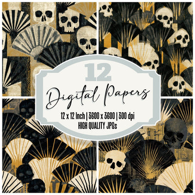 Screenprint Skulls Art Deco Cream Seamless Digital Paper Pack (DDD013243)
