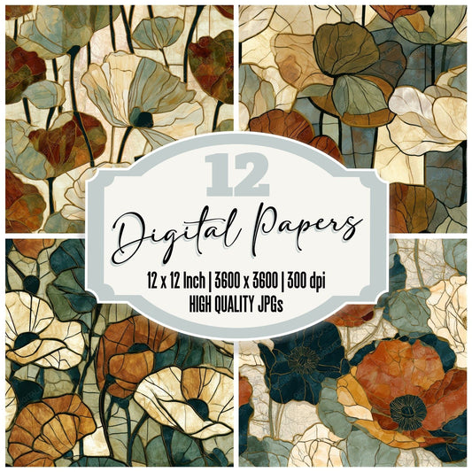 Stained Glass Poppies Tobacco Sage Seamless Digital Paper Pack (DDD013244)