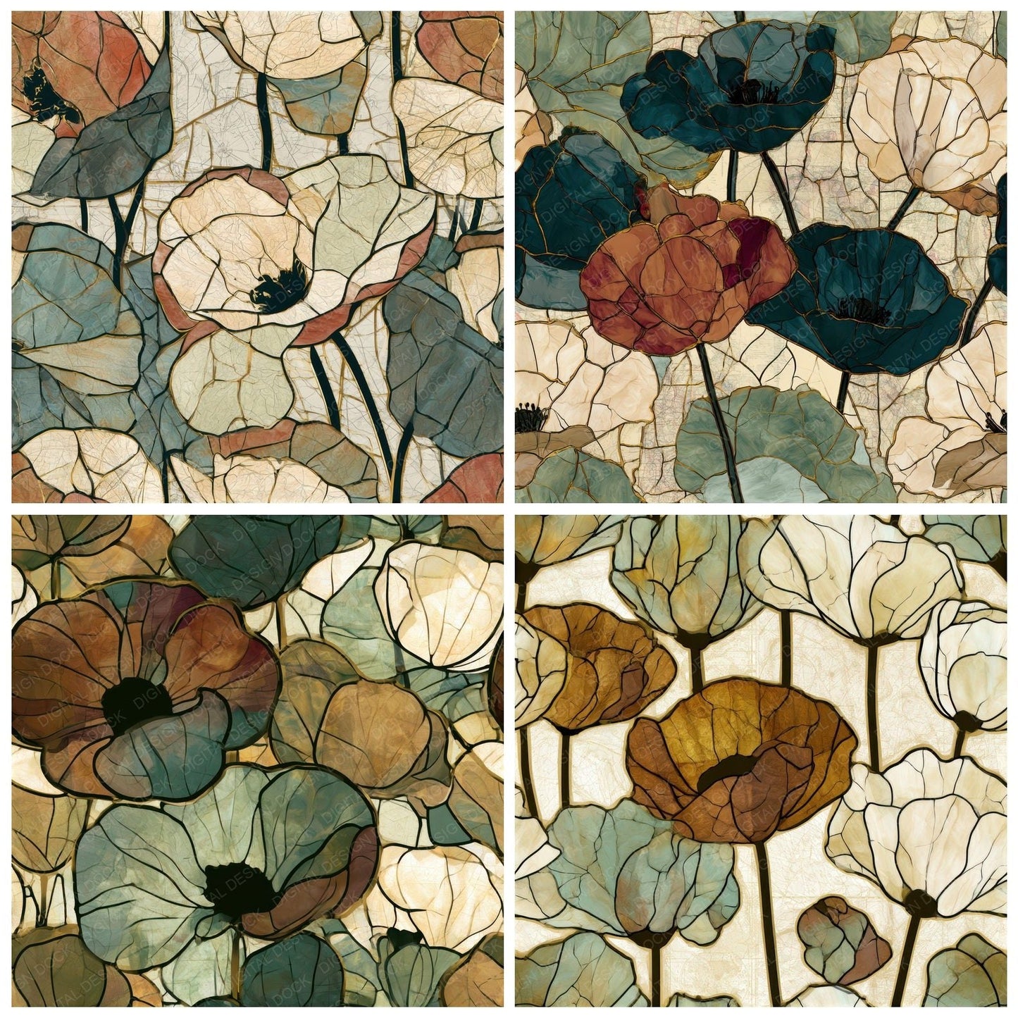 Stained Glass Poppies Tobacco Sage Seamless Digital Paper Pack (DDD013244)