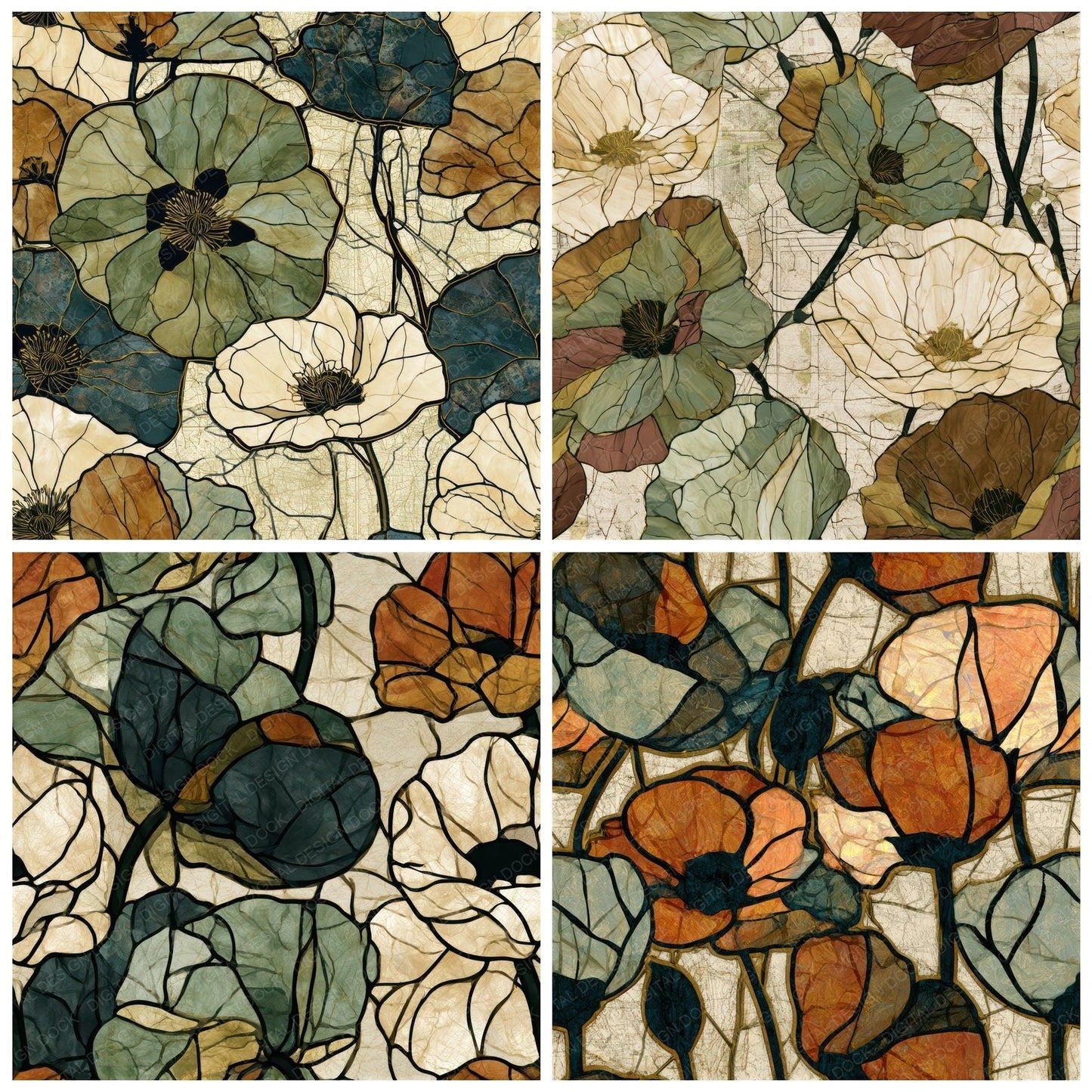 Stained Glass Poppies Tobacco Sage Seamless Digital Paper Pack (DDD013244)