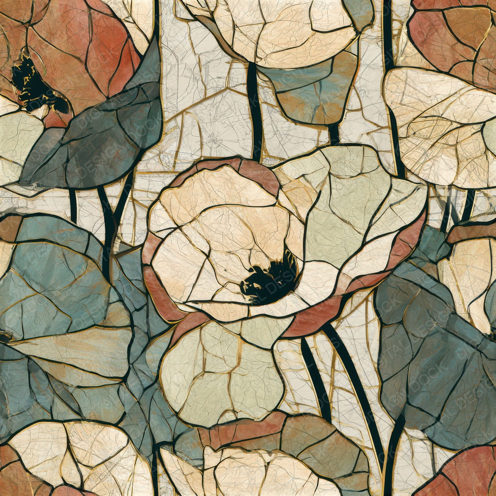 Stained Glass Poppies Tobacco Sage Seamless Digital Paper Pack (DDD013244)
