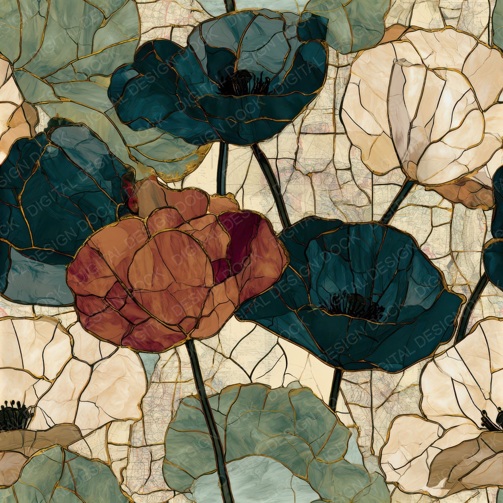 Stained Glass Poppies Tobacco Sage Seamless Digital Paper Pack (DDD013244)