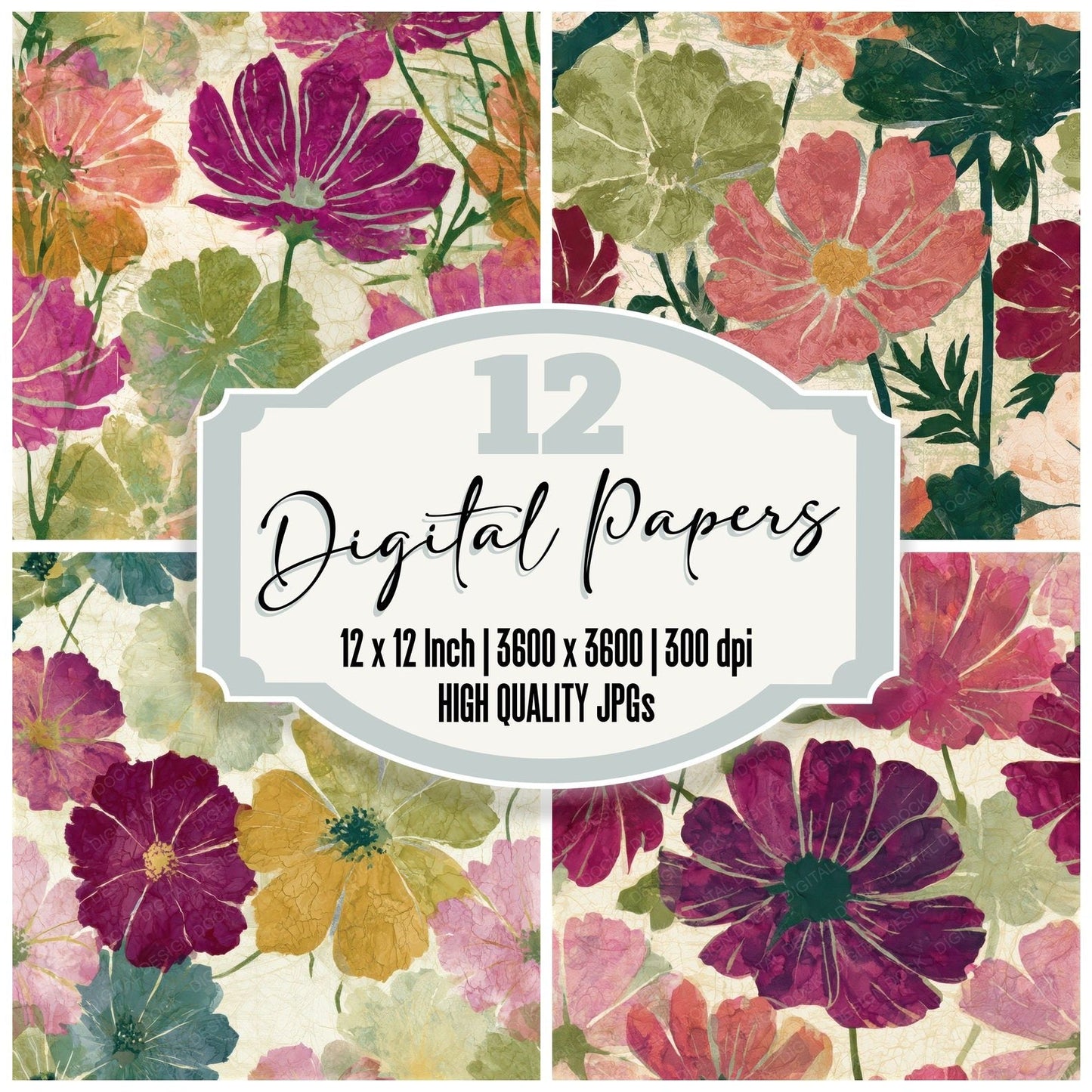 Batik Cosmos Pistachio Raspberry Seamless Digital Paper Pack (DDD013246)