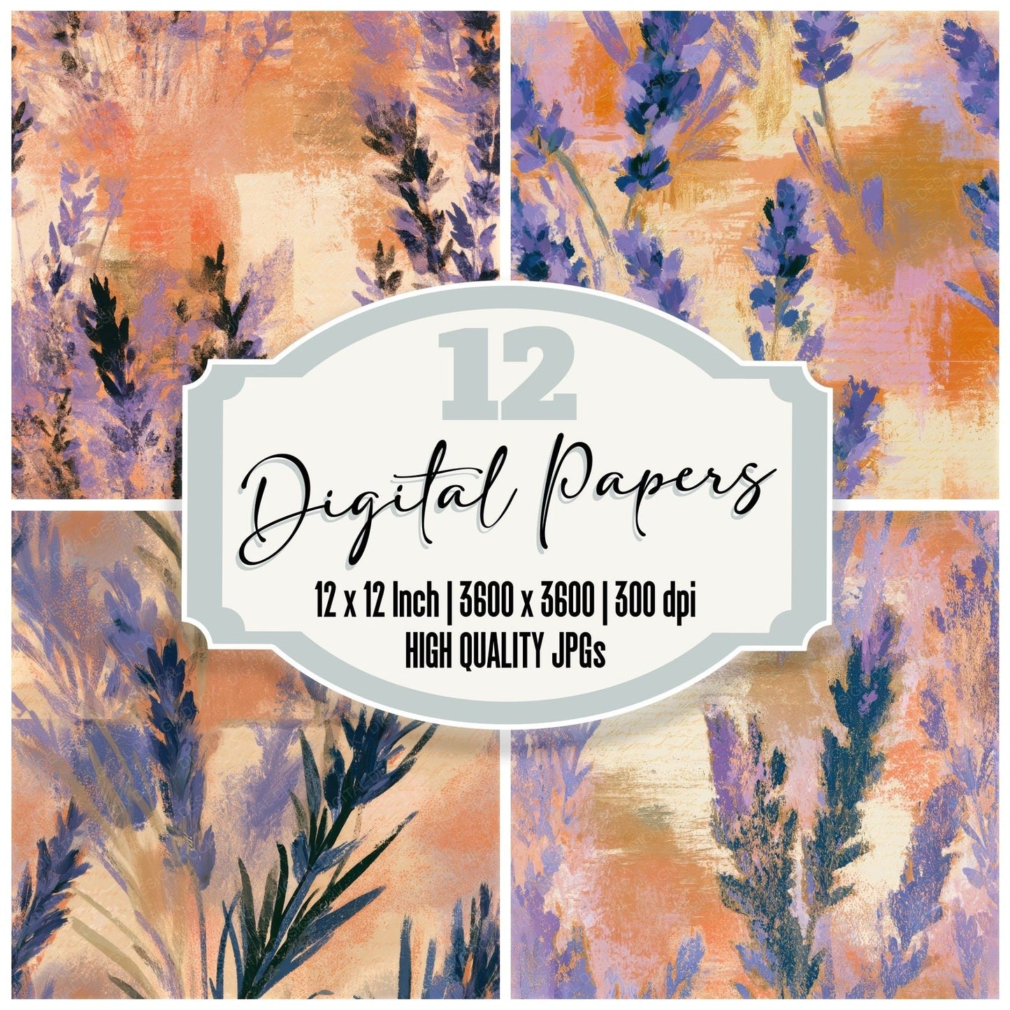 Impressionist Lavender Tangerine Peach Seamless Digital Paper Pack (DDD013247)