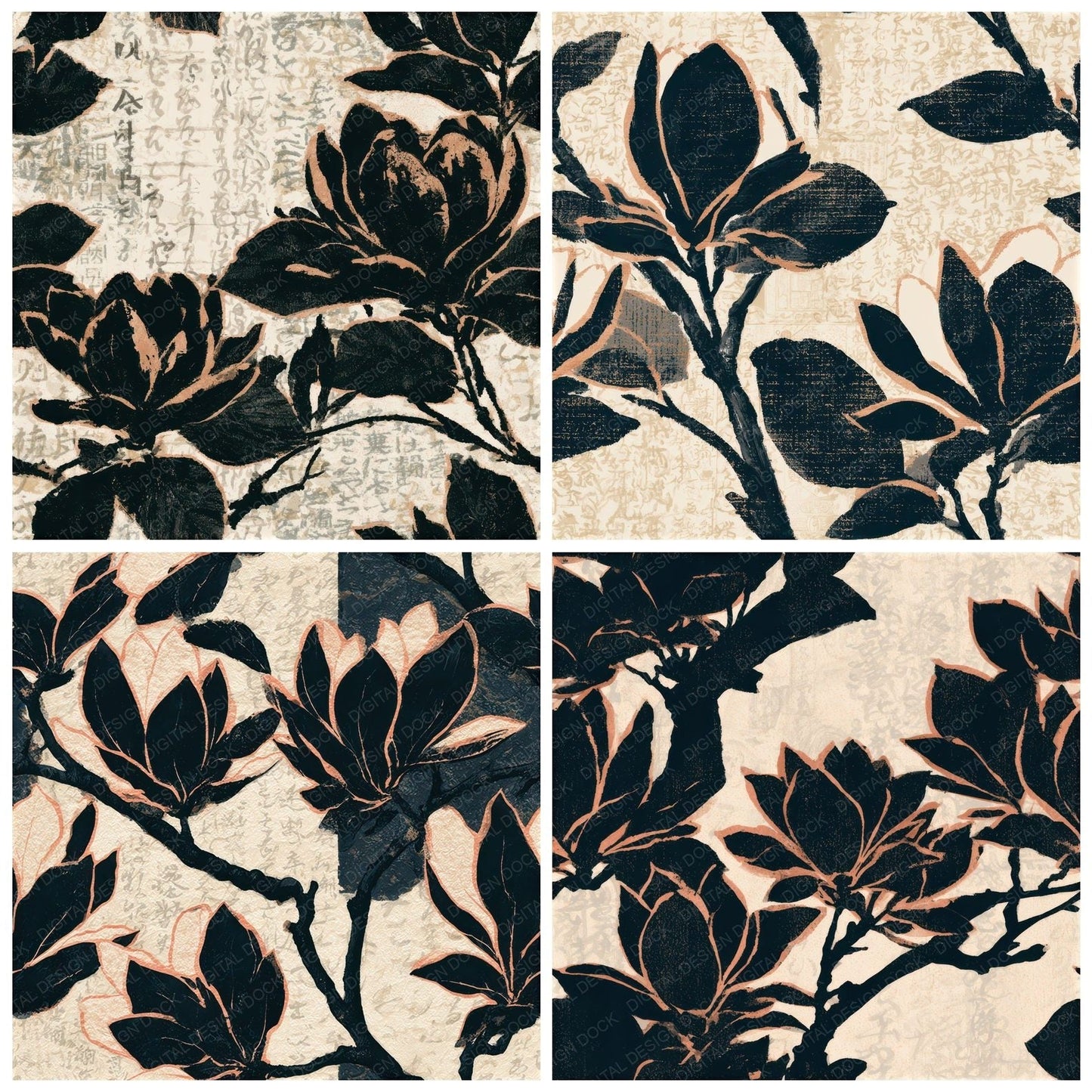 Minimal Magnolia Cream Black Seamless Digital Paper Pack (DDD013249)